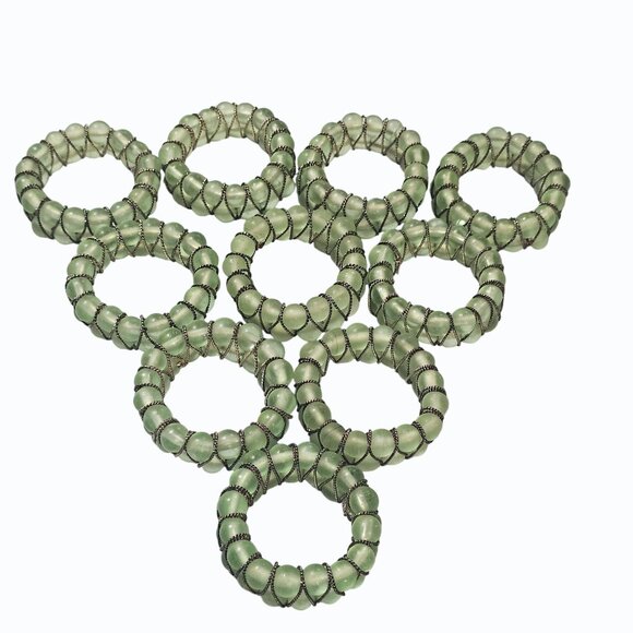 Vintage Green Glass Beads and Wire 2 Inch Napkin Rings Set of 10 - Picture 7 of 11